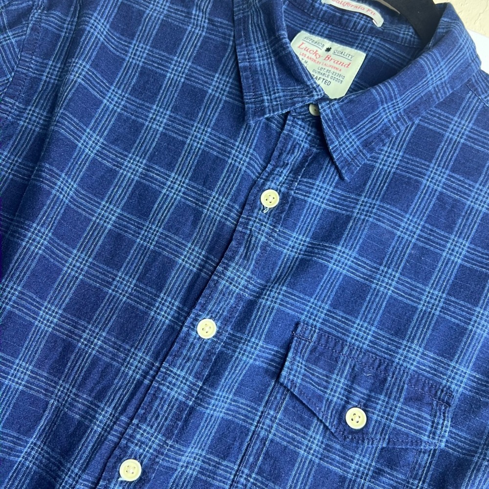 Y2K Lucky Brand Plaid Shirt California Fit Long Sleeve Blue Shirt M True Indigo